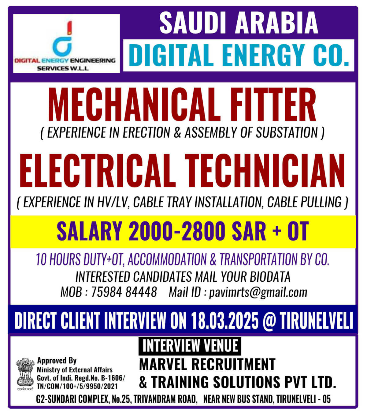 Job Openings in Saudi Arabia – Mechanical & Electrical Roles