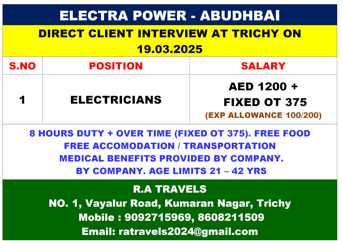 Electra Power Abu Dhabi Direct Client Interview in Trichy