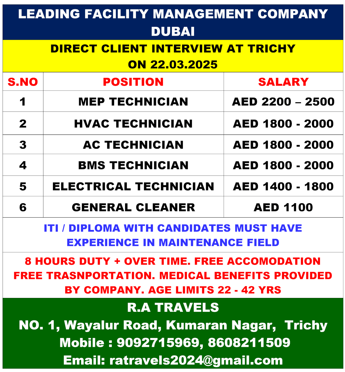 Dubai Facility Management Jobs – Direct Interview in Trichy