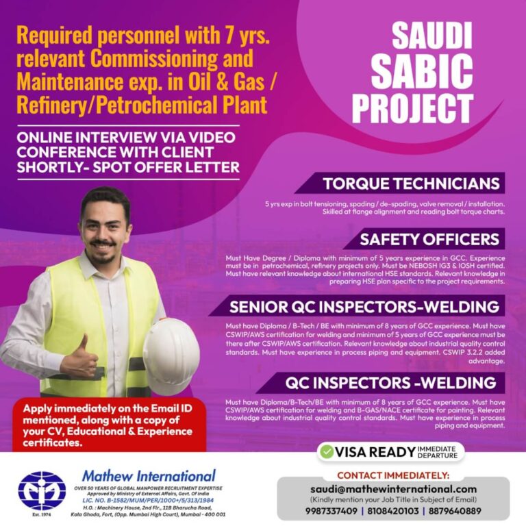 Saudi SABIC Project Job Opportunities – Immediate Hiring