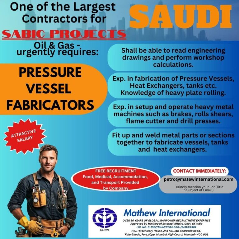 Pressure Vessel Fabricators Jobs in Saudi Arabia – Attractive Salary