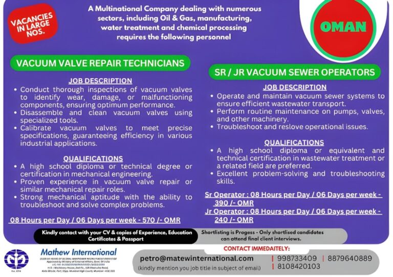 Vacuum Valve Repair Technicians & Sewer Operators Jobs in Oman