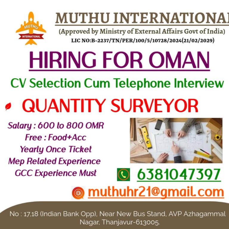 Quantity Surveyor Jobs in Oman – Apply Now with Muthu International