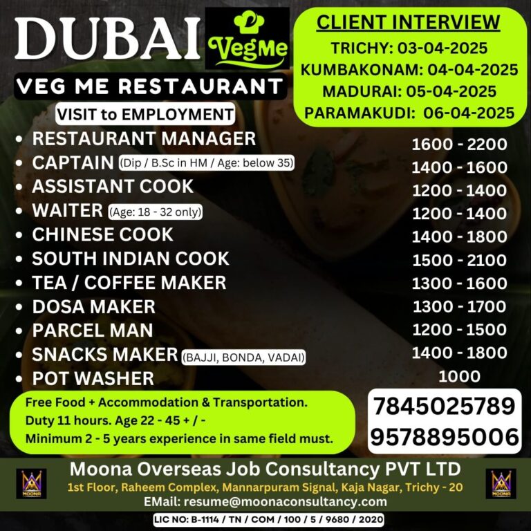 Dubai VegMe Restaurant Hiring in India – Restaurant Manager & More