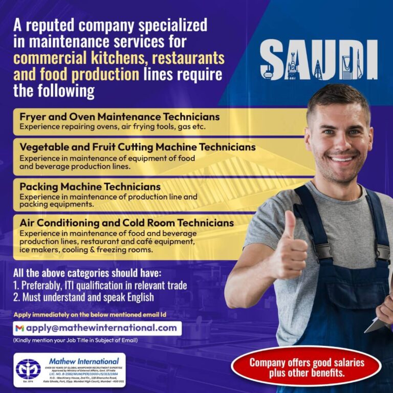Hiring Fryer, Oven, AC, and Packing Machine Technicians