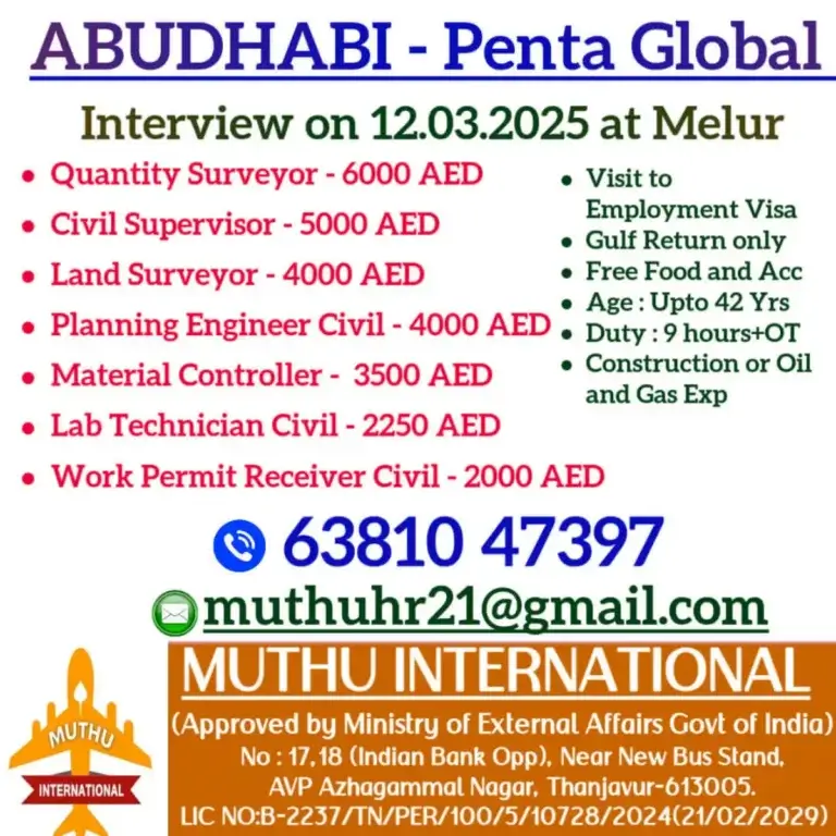 Abu Dhabi Penta Global Job Openings – Walk-in Interview on March 12, 2025