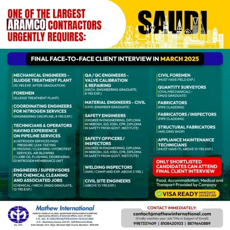 Saudi Aramco Jobs 2025 – Urgent Hiring for Engineers & Technicians