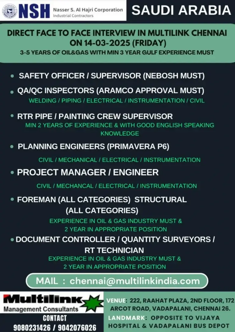 NSH Nasser S. Al Hajri Corporation Saudi Arabia Direct Interview in Chennai