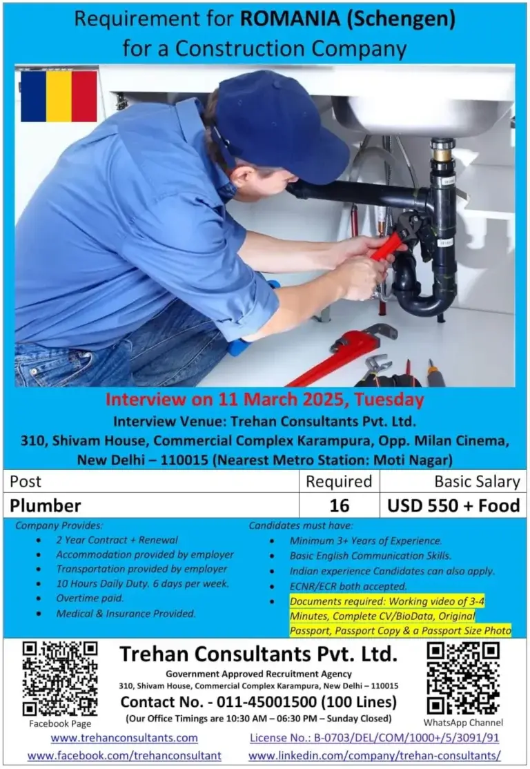 Hiring Plumbers for Romania | Walk-in Interview on March 11, 2025