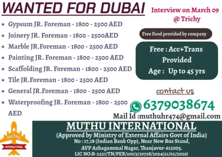 Dubai Junior Foreman Jobs – Interview on March 9, 2025