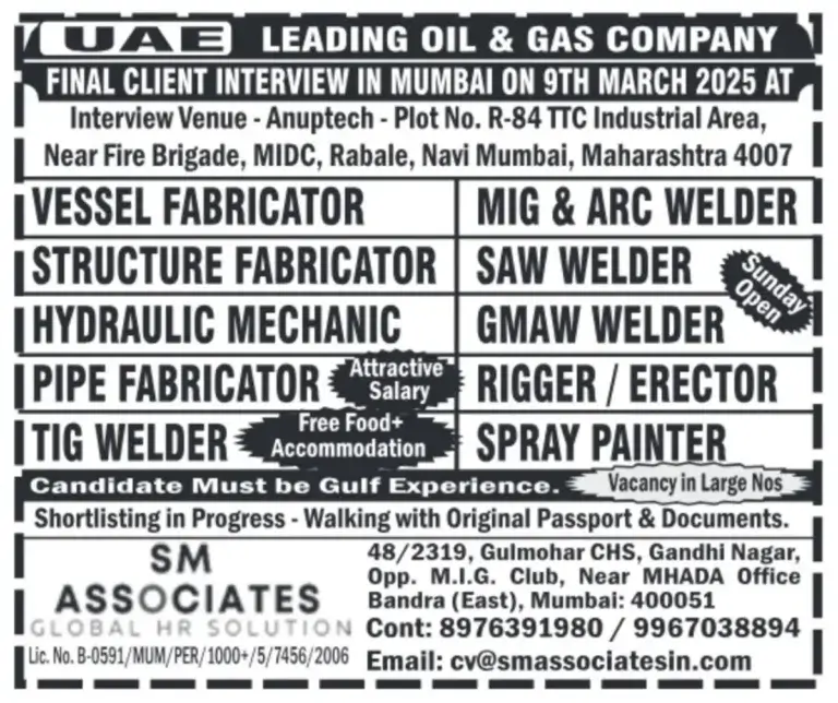 UAE Leading Oil & Gas Company Jobs – Final Interview in Mumbai