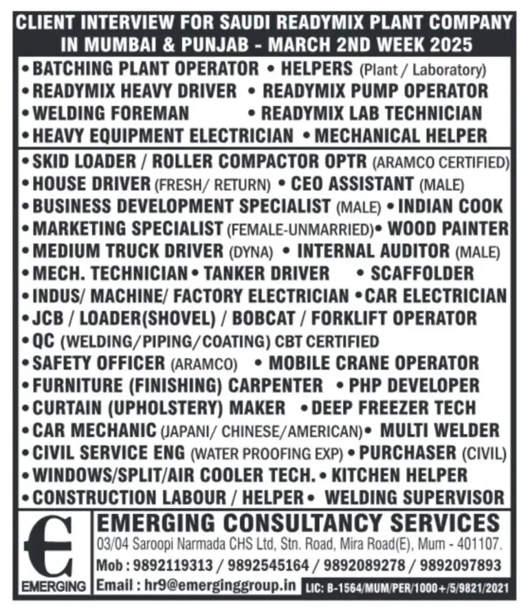 Saudi Readymix Plant Company Recruitment 2025