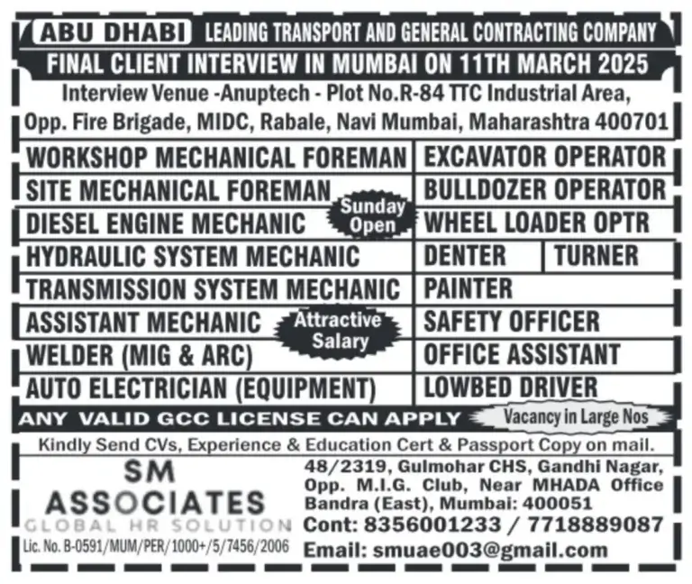 Abu Dhabi Leading Transport & Contracting Jobs – Walk-in Interview