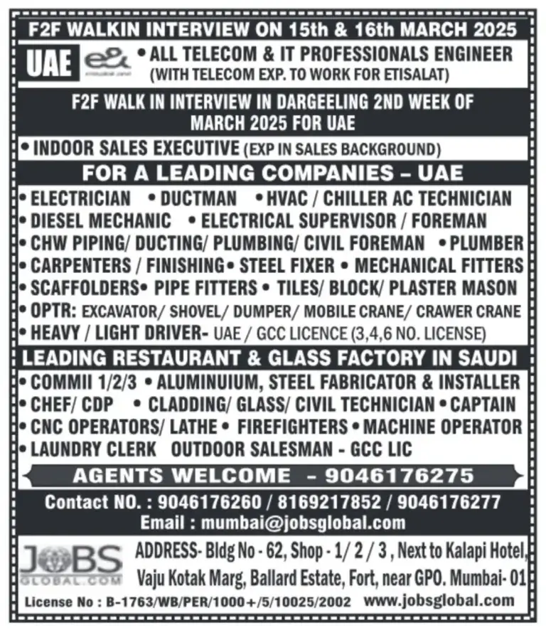 UAE Walk-in Interviews March 2025 | Jobs for Telecom, IT & Skilled Professionals