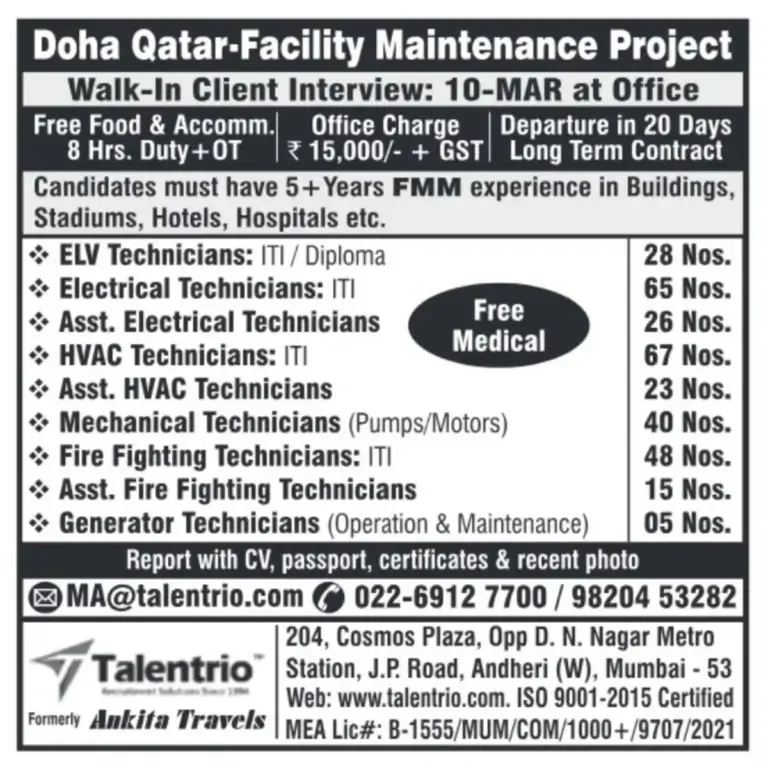 Doha Qatar Facility Maintenance Jobs – Walk-In Interview