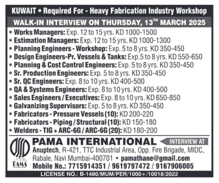 Kuwait Heavy Fabrication Industry Jobs – Walk-In Interview 2025
