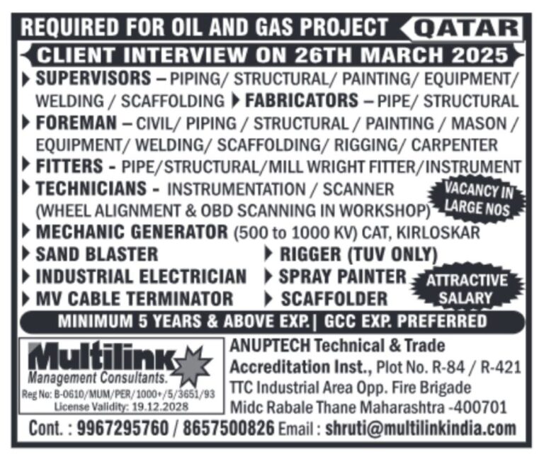 Oil and Gas Project Qatar Client Interview 2025: Job Vacancies