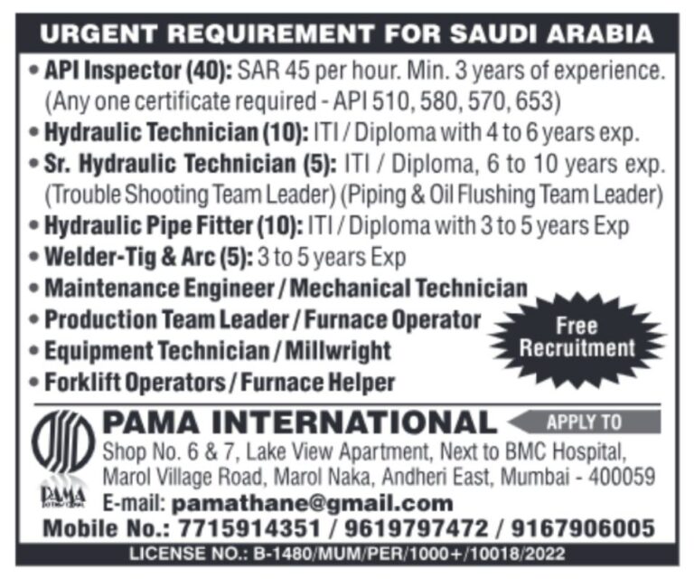 Urgent Job Openings in Saudi Arabia: API Inspectors, Technicians, and More