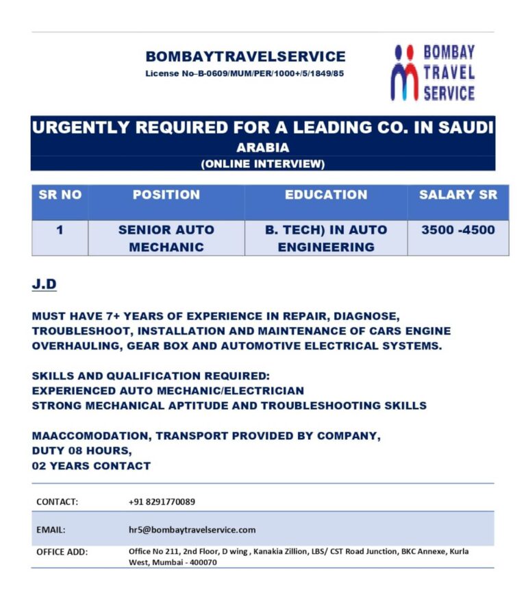 Senior Auto Mechanic Saudi Job – Apply Now Online
