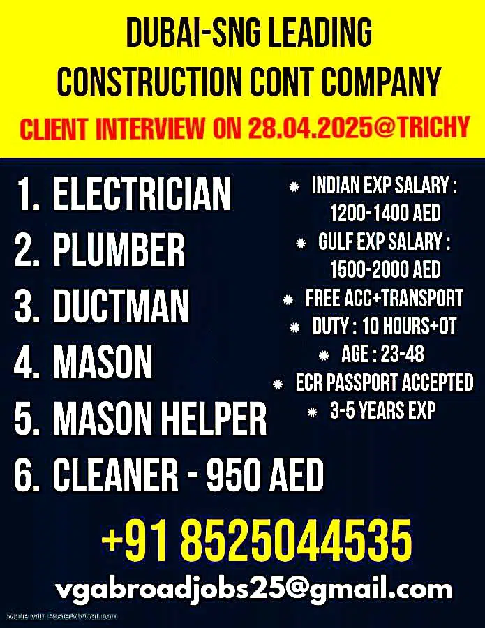 Dubai Construction Jobs Interview in Trichy – Apply for Leading Company
