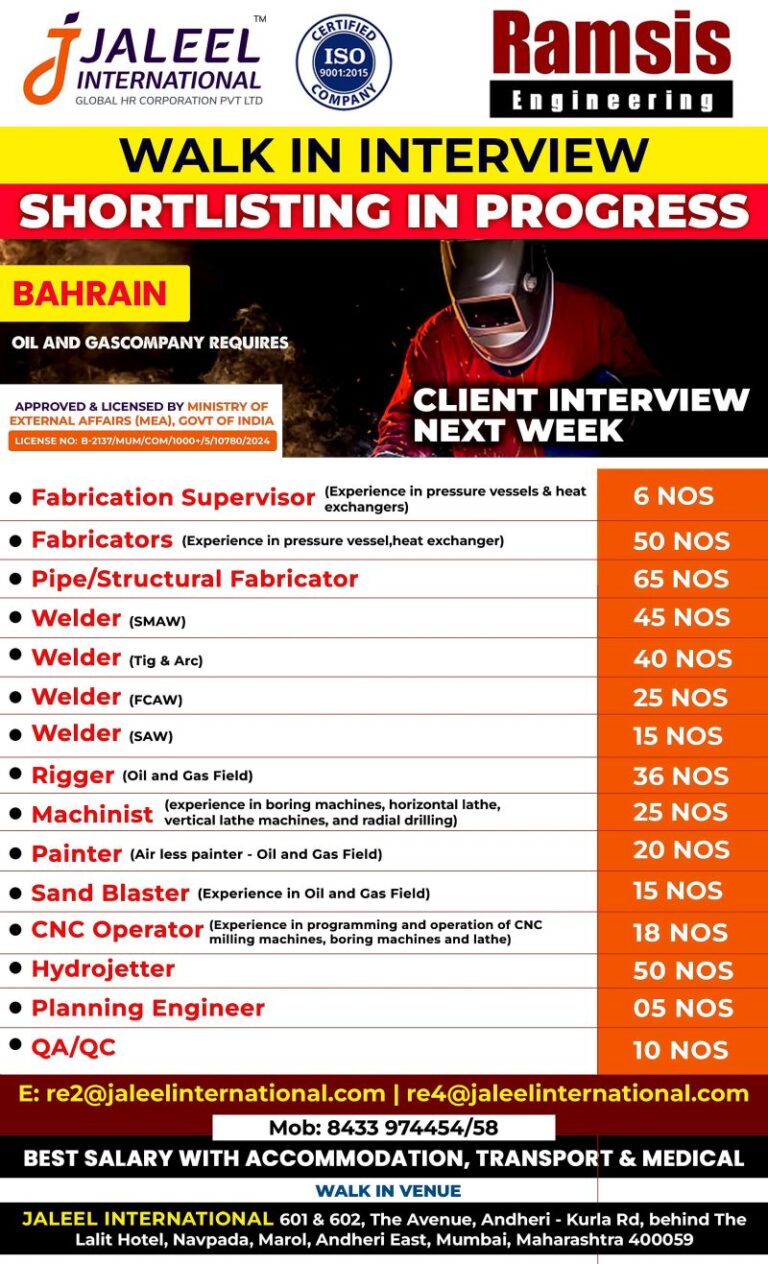 Bahrain Oil and Gas Jobs Walk-in Interview – Apply Now!
