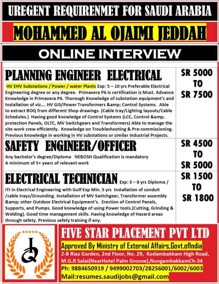 URGENT JOB VACANCIES FOR SAUDI ARABIA – MOHAMMED AL OJAIMI, JEDDAH
