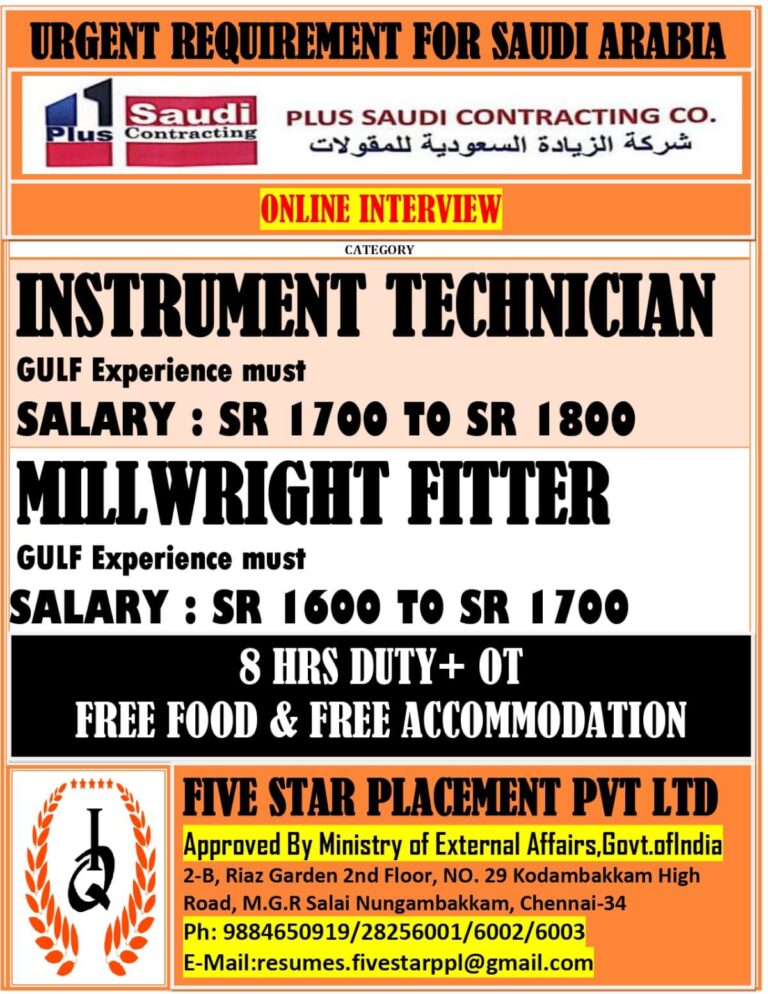 Urgent Recruitment for Saudi Arabia – Saudi PLUS SAUDI CONTRACTING CO.