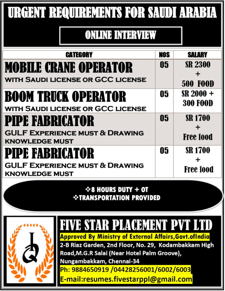 Urgent Job Openings in Saudi Arabia for Mobile Crane Operators, Boom Truck Operators, and Pipe Fabricators