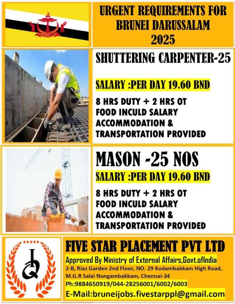 Urgent Job Openings for Shuttering Carpenters and Masons in Brunei Darussalam – 2025
