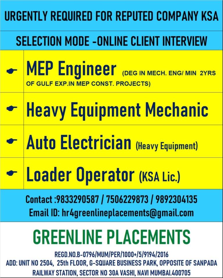 Urgent Hiring in KSA Jobs – Apply Now for MEP Engineers, Mechanics & More