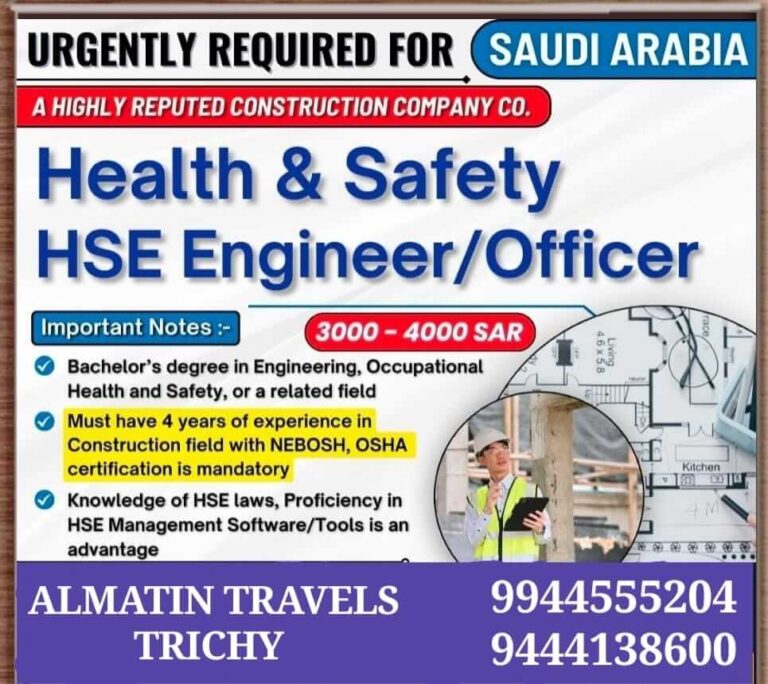 Urgently Hiring HSE Engineer/Officer for Saudi Arabia
