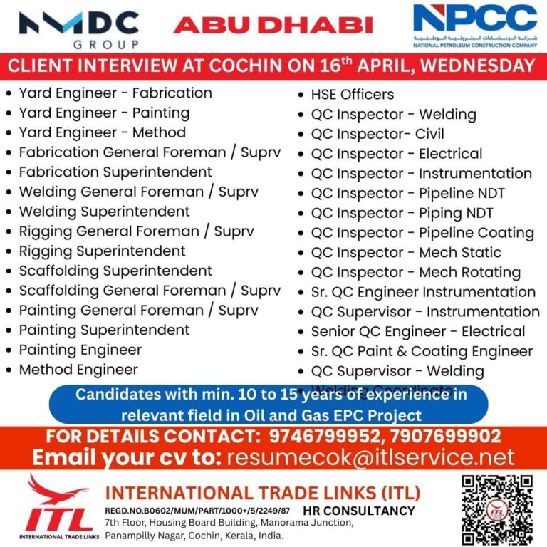 MMDC Group Abu Dhabi NPCC Recruitment 2025 – Client Interview at Cochin on 16th April