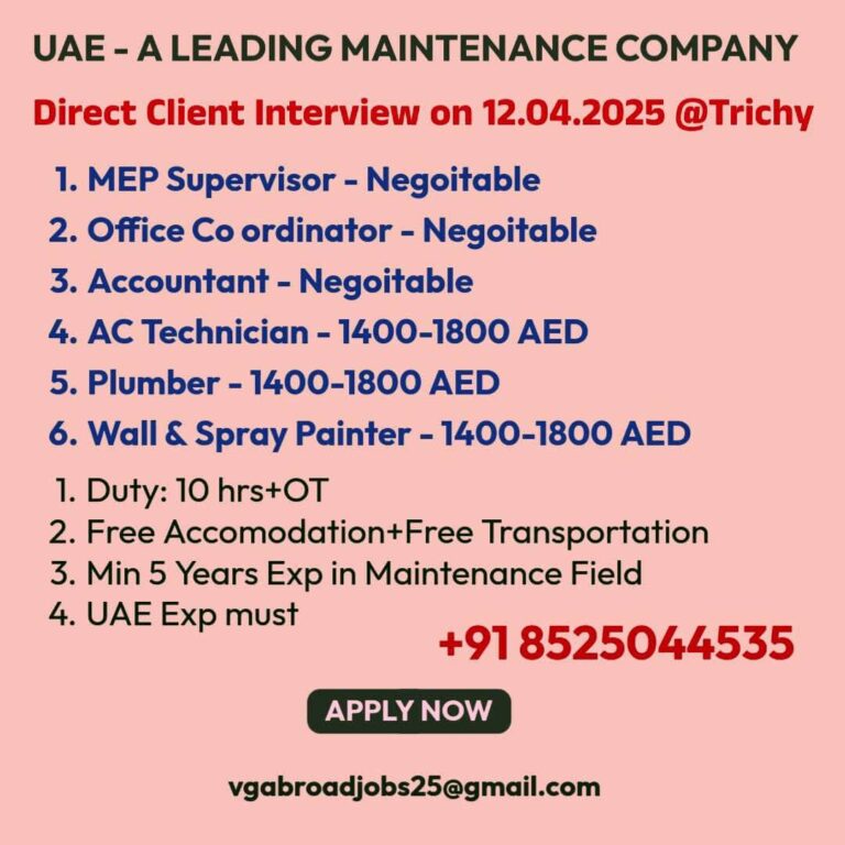 UAE Maintenance Jobs 2025 – Direct Interview in Trichy
