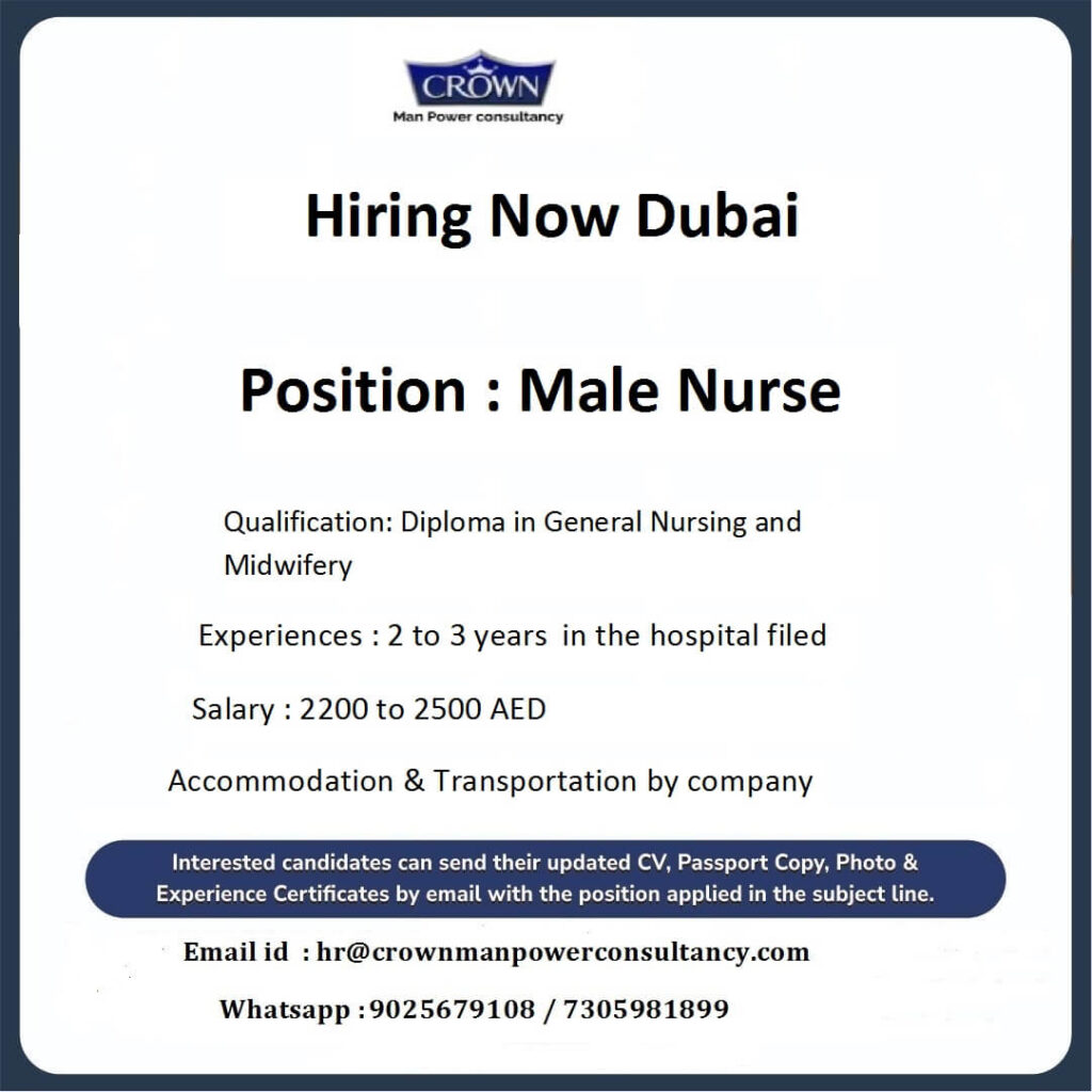 Dubai Male Nurse Job – Immediate Hiring by Crown Manpower Consultancy