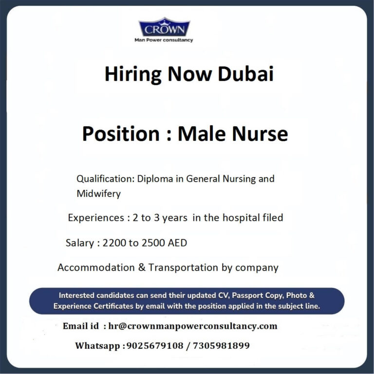 Dubai Male Nurse Job – Immediate Hiring by Crown Manpower Consultancy