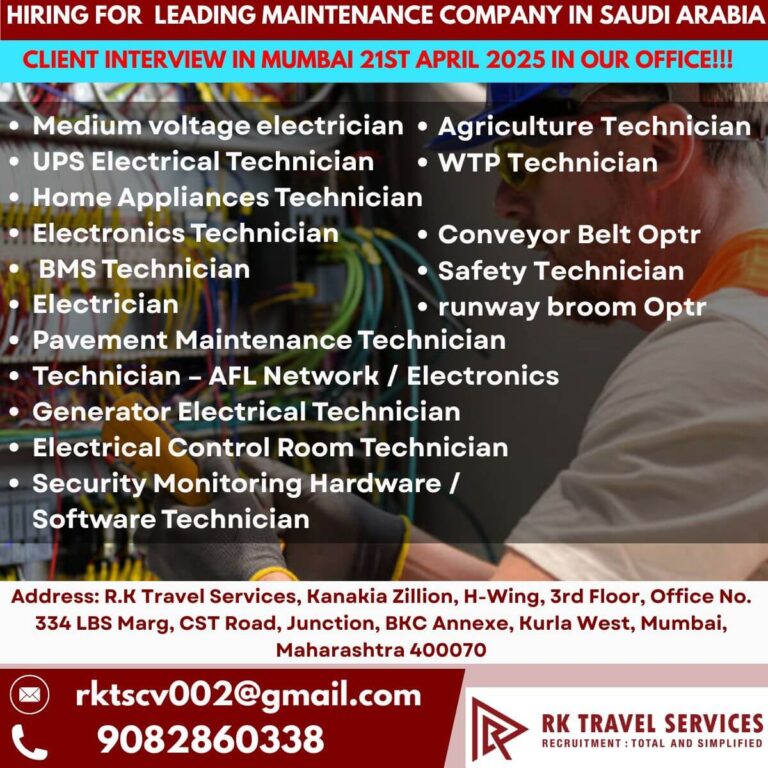 Maintenance Jobs Saudi Arabia – Client Interview in Mumbai 2025