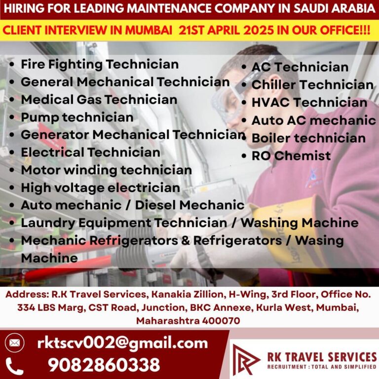 Saudi Arabia Maintenance Jobs – Walk-in Interview 21st April