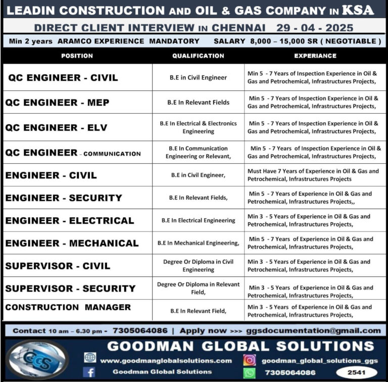 Direct Client Interview in Chennai for KSA Construction Jobs – Aramco Experience Required