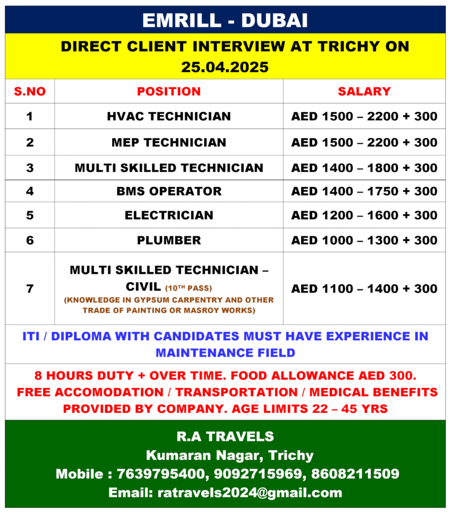 Emrill Dubai Job Interview in Trichy on 25 April 2025