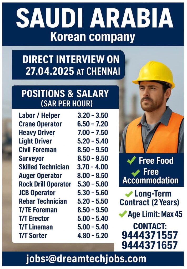 Saudi Arabia Korean Company Jobs: Direct Interview Alert in Chennai
