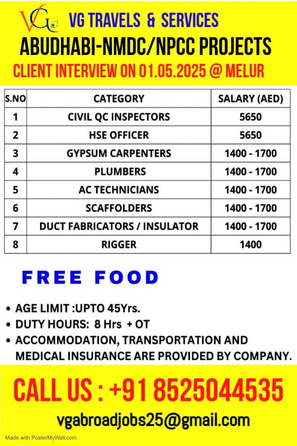 Abu Dhabi NMDC NPCC Jobs Interview in Melur