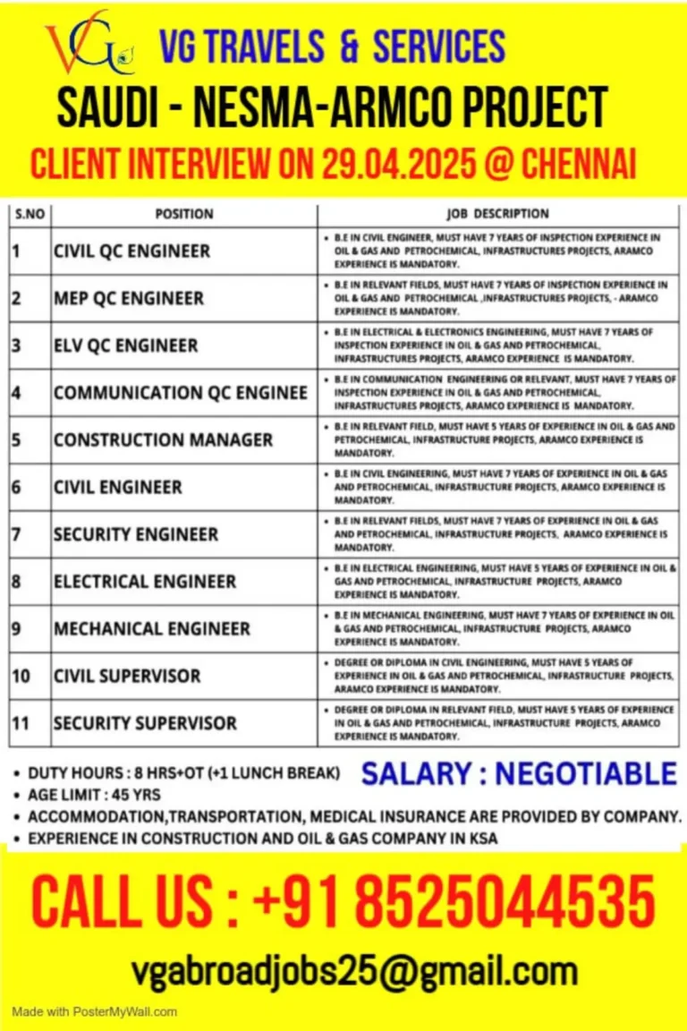 Saudi Nesma-Armco Jobs Walk-In Interview in Chennai 2025
