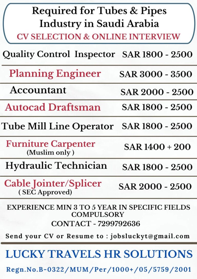 Urgent Hiring for Tubes & Pipes Industry in Saudi Arabia