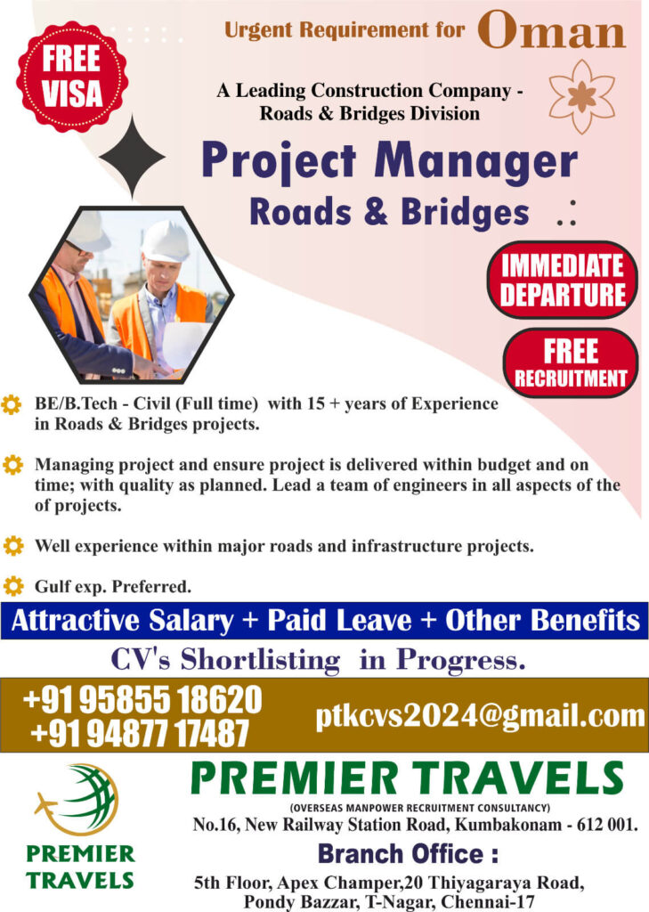 Project Manager Oman Jobs – Free Visa & Departure