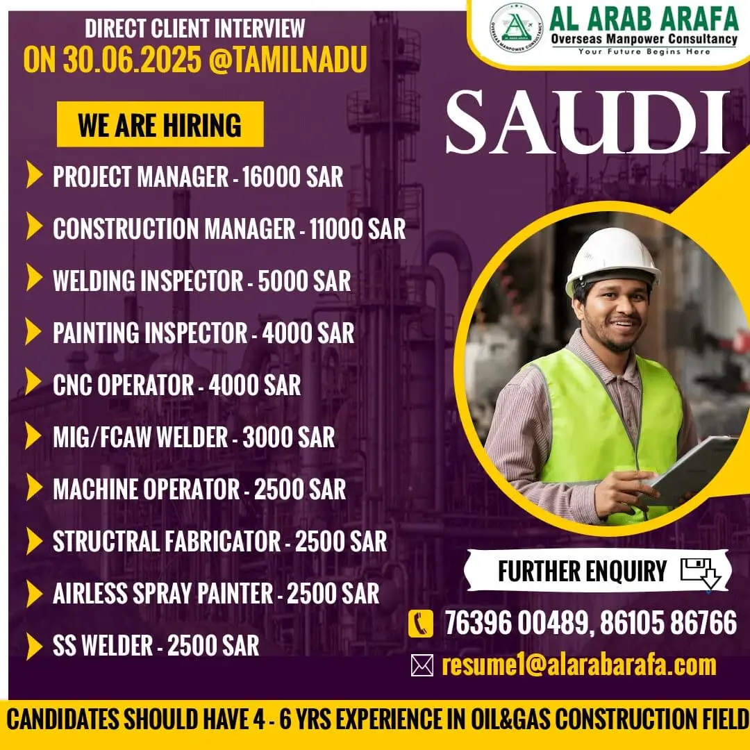 Saudi Oil & Gas Jobs 2025 – Direct Interview in Tamil Nadu