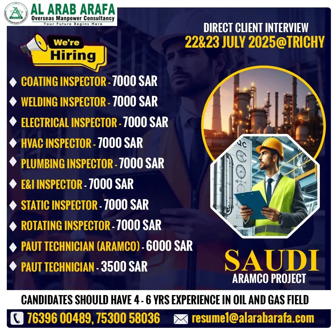 Saudi Aramco Project Jobs 2025 – Direct Interview in Trichy