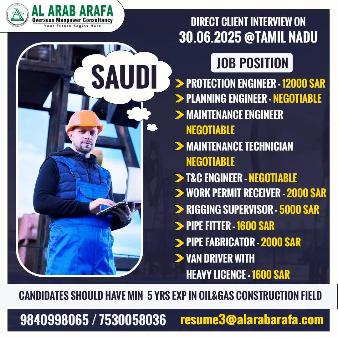 Saudi Oil and Gas Jobs 2025 – Walk-In Interview in Tamil Nadu