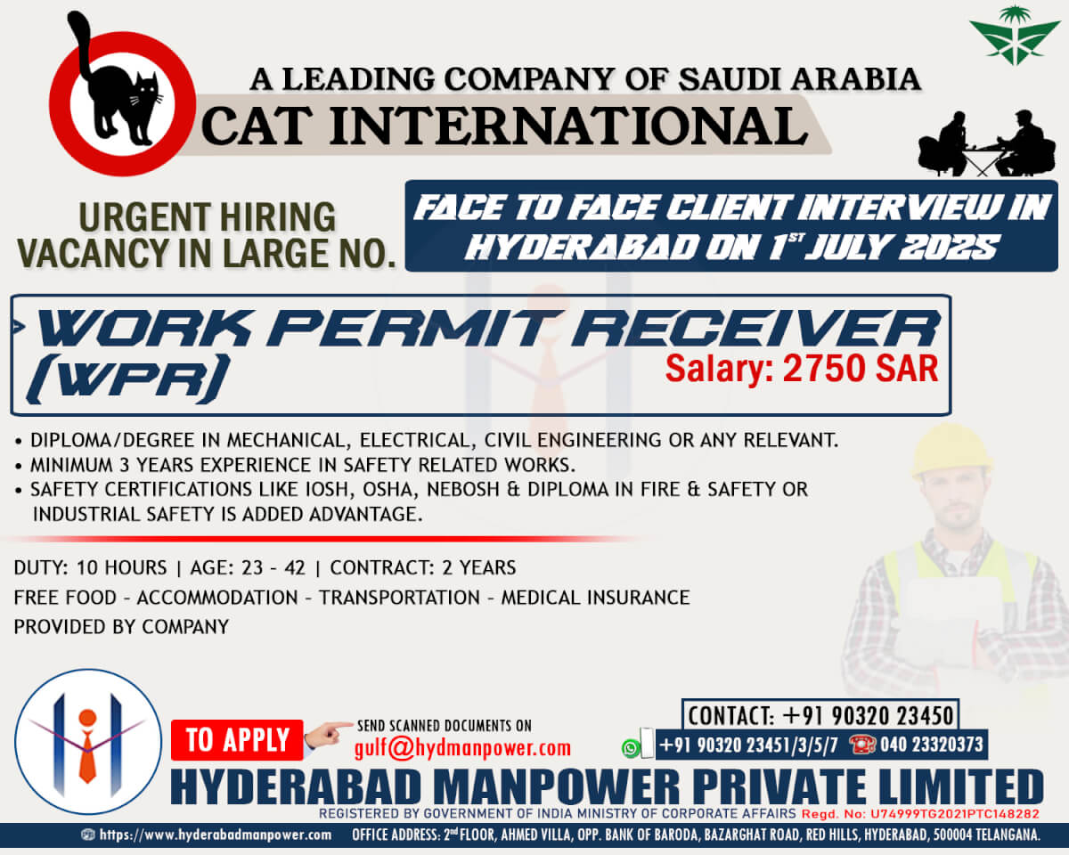Work Permit Receiver Saudi Arabia – Urgent Hiring July 2025