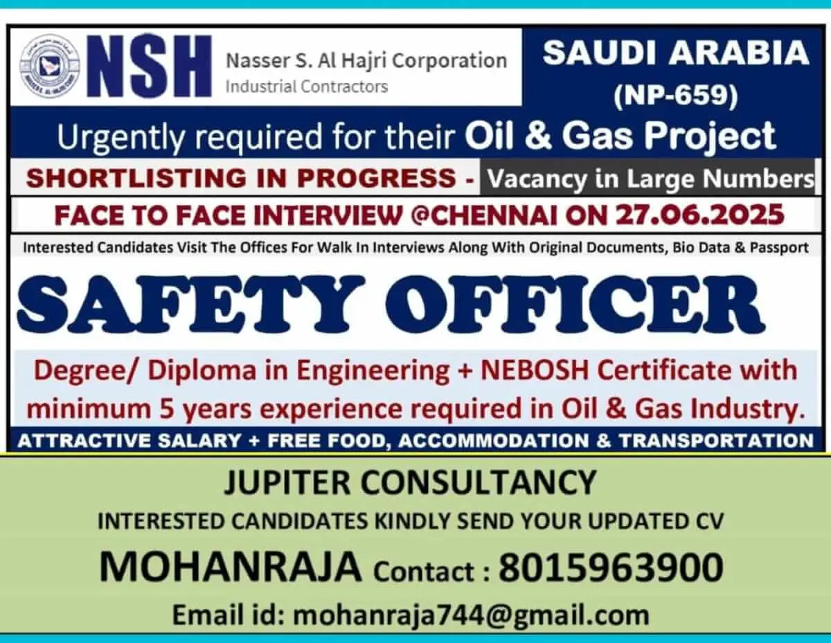 Safety Officer Oil & Gas Jobs – Saudi Arabia | Interview on 27 June 2025