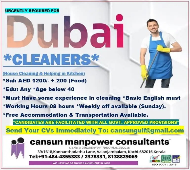 Dubai Cleaner Job Vacancy 2025 – Apply Now for Immediate Placement